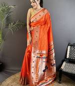 Ethnic motifs woven design zari silk blend designer kanjeevaram saree