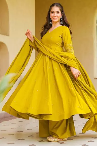 Mustard yellow viscose chanderi embroidered suit set