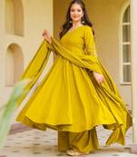 Mustard yellow viscose chanderi embroidered suit set