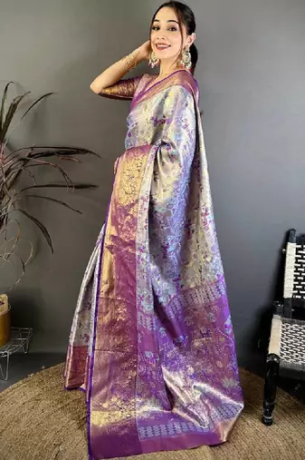 Ethnic motifs zari silk blend designer kanjeevaram saree