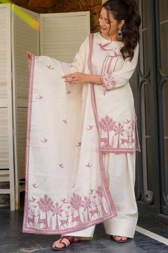 Off white khadi cotton printed kurta pant dupatta set