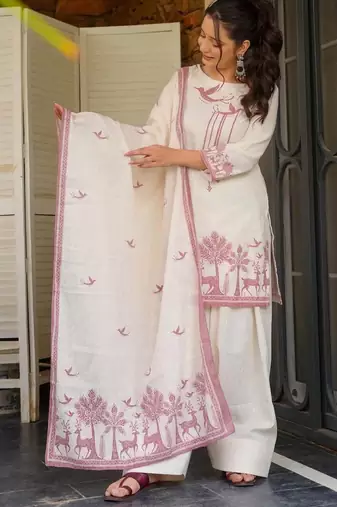 Off white khadi cotton printed kurta pant dupatta set