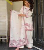 Off white khadi cotton printed kurta pant dupatta set