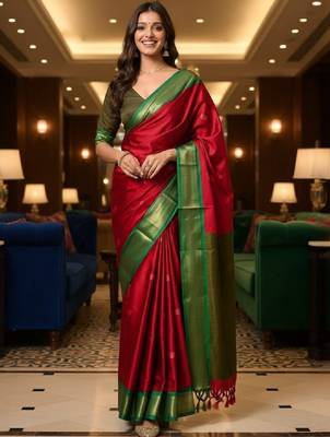 Woven design zari pure cotton kanjeevaram saree with unstitched blouse piece 1