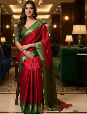 Woven design zari pure cotton kanjeevaram saree with unstitched blouse piece 4