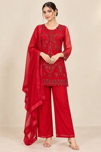 Red georgette embroidered kurta palazzo dupatta set