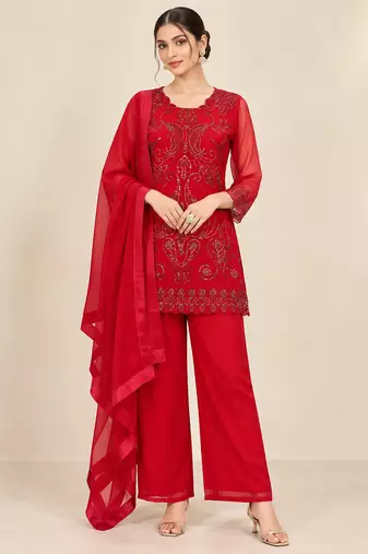 Red georgette embroidered kurta palazzo dupatta set