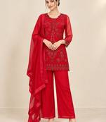 Red georgette embroidered kurta palazzo dupatta set