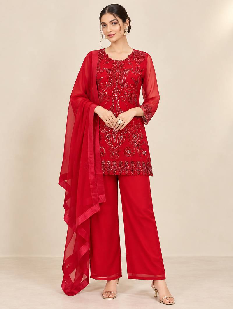 Red georgette embroidered kurta palazzo dupatta set