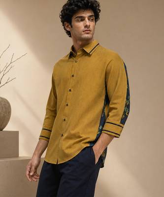 Mustard and blue muslin cotton printed shirt 1
