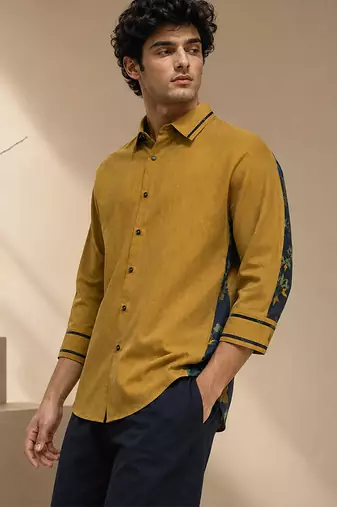 Mustard and blue muslin cotton printed shirt