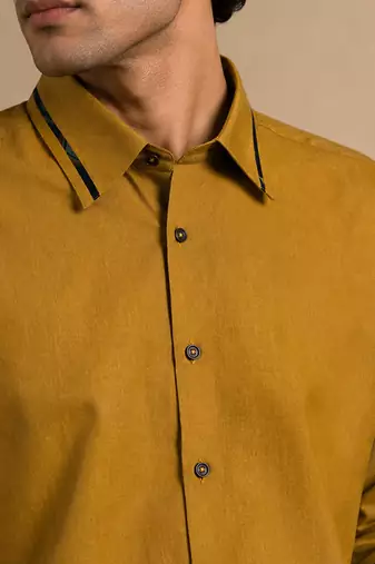 Mustard and blue muslin cotton printed shirt