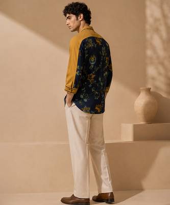 Mustard and blue muslin cotton printed shirt 3