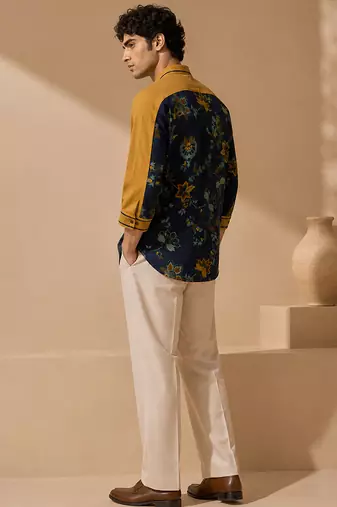 Mustard and blue muslin cotton printed shirt