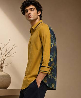 Mustard and blue muslin cotton printed shirt 4