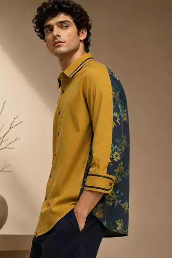 Mustard and blue muslin cotton printed shirt