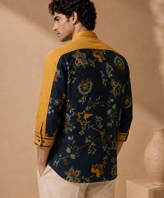 Mustard and blue muslin cotton printed shirt 5