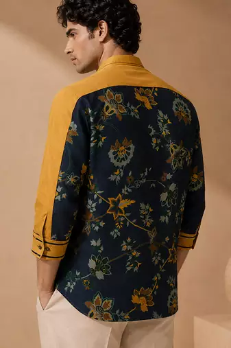 Mustard and blue muslin cotton printed shirt
