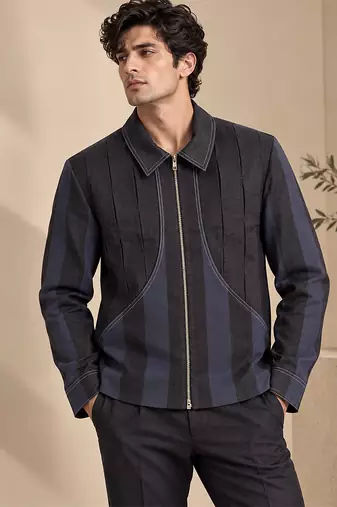 Black and blue linen bomber jacket
