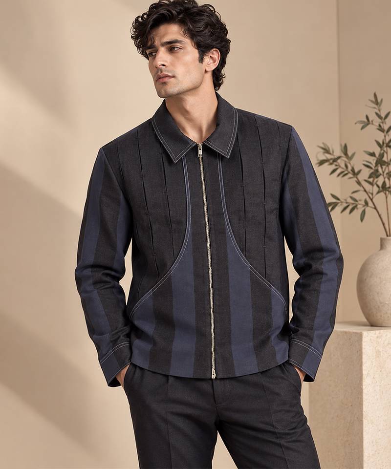 Black and blue linen bomber jacket
