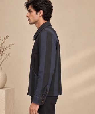Black and blue linen bomber jacket 3