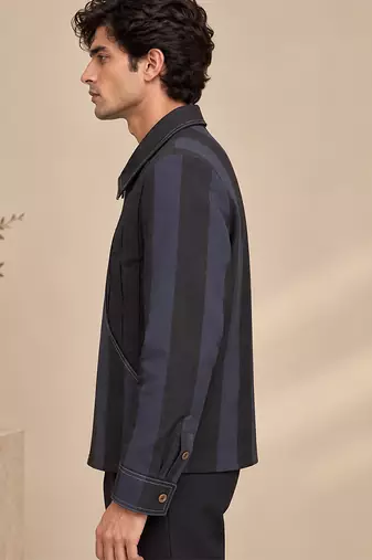 Black and blue linen bomber jacket