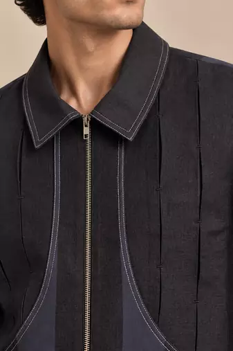 Black and blue linen bomber jacket