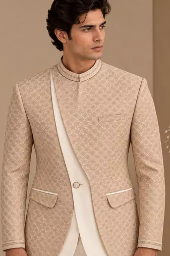 Champagne sand beige chanderi embroidered bandhgala