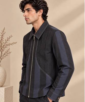 Black and blue linen bomber jacket 5
