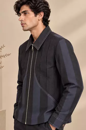Black and blue linen bomber jacket
