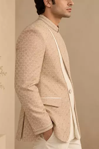 Champagne sand beige chanderi embroidered bandhgala