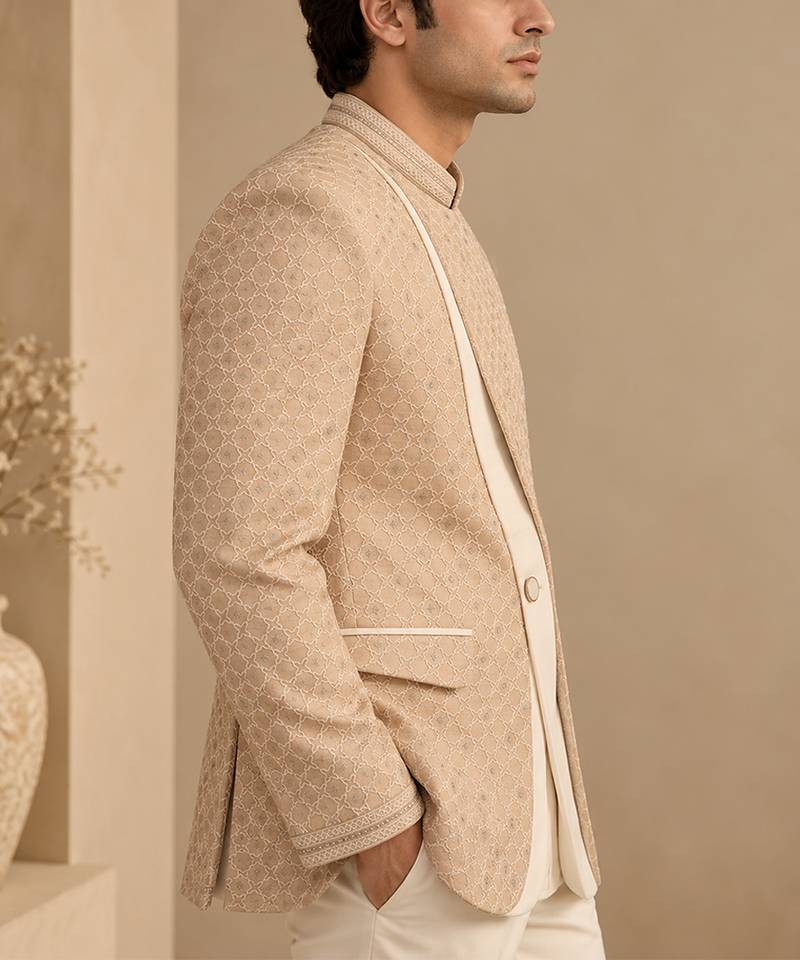 Champagne sand beige chanderi embroidered bandhgala