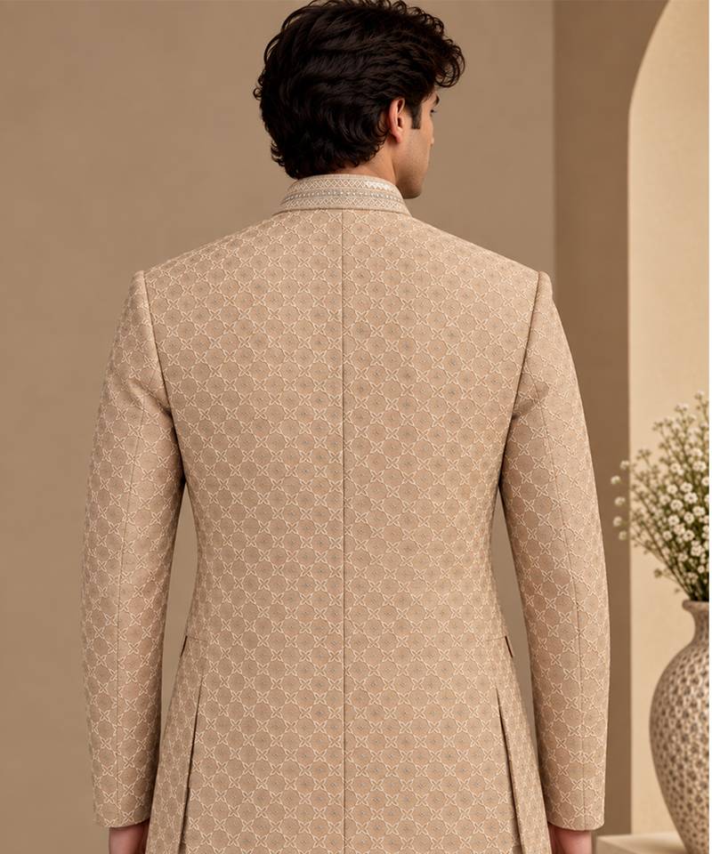 Champagne sand beige chanderi embroidered bandhgala