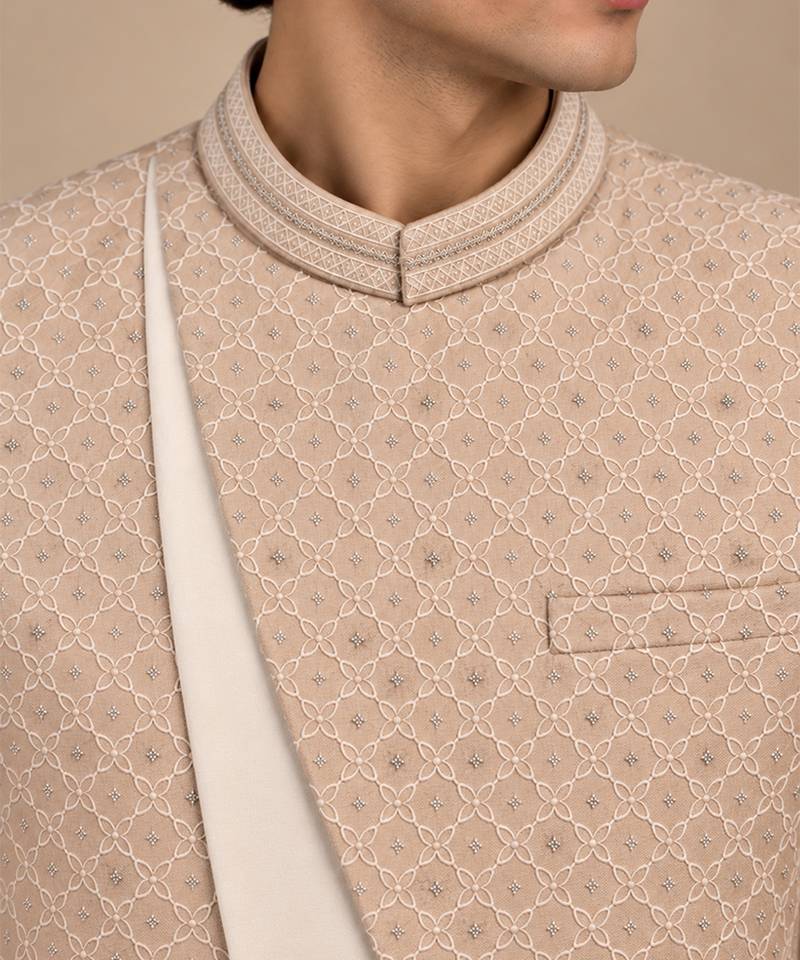 Champagne sand beige chanderi embroidered bandhgala