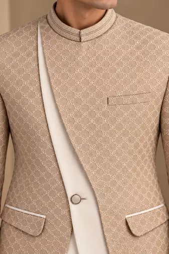Champagne sand beige chanderi embroidered bandhgala