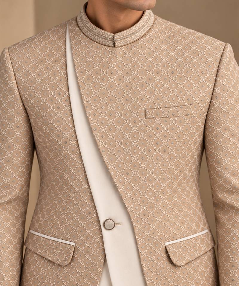 Champagne sand beige chanderi embroidered bandhgala