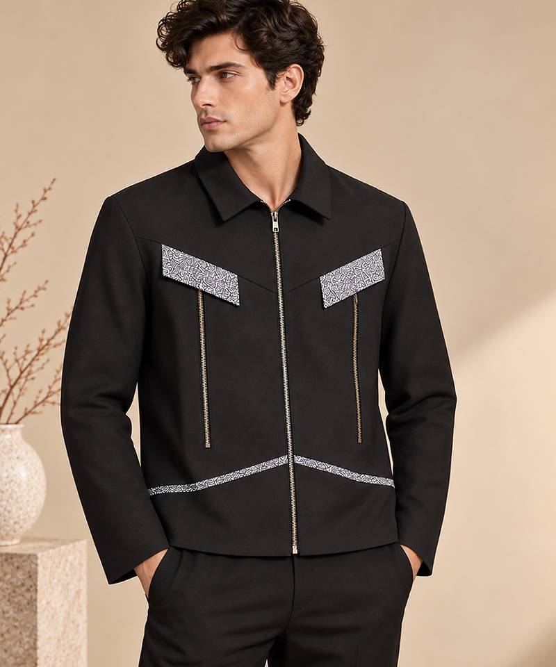 Black and grey malai cotton bomber jacket