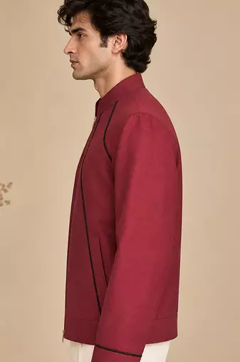 Maroon and black malai cotton bomber jacket
