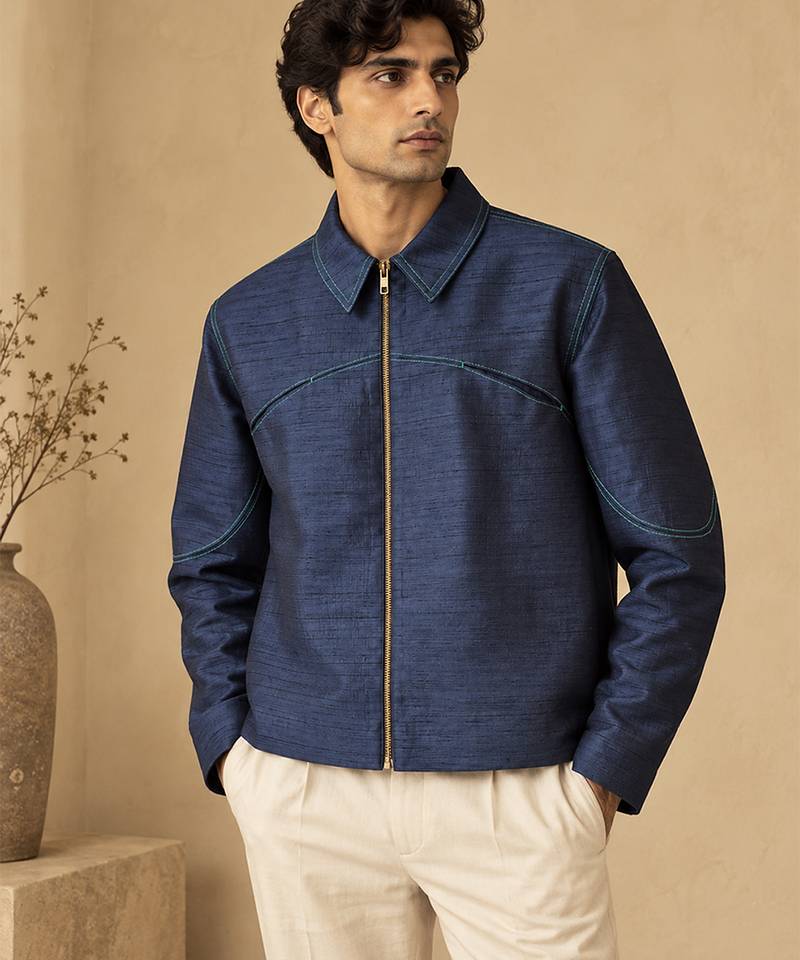 Indigo blue bemberg silk bomber jacket