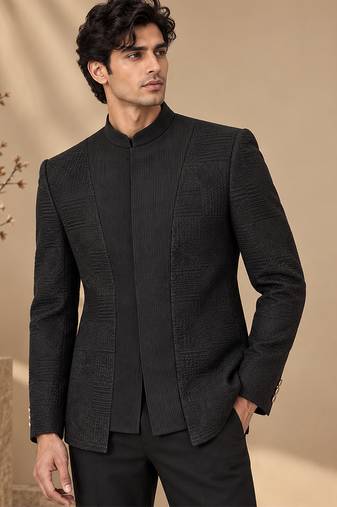 Black chanderi bemberg silk bandhgala