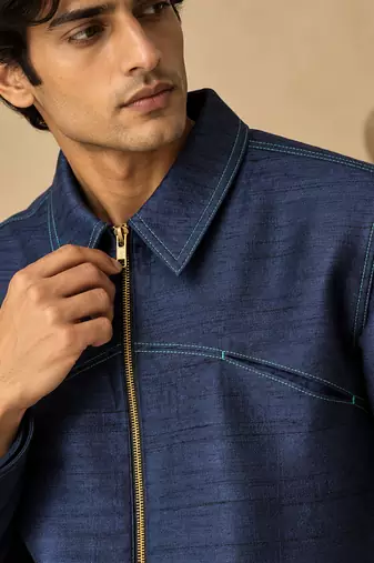 Indigo blue bemberg silk bomber jacket
