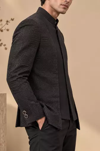 Black chanderi bemberg silk bandhgala