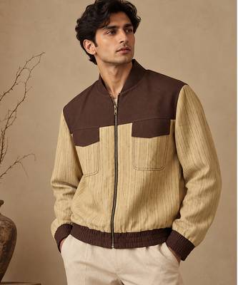Chestnut brown and beige matka cotton bomber jacket 1