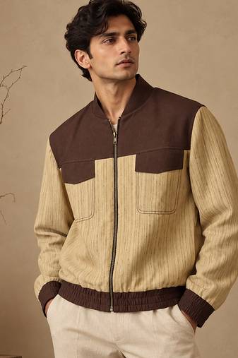 Chestnut brown and beige matka cotton bomber jacket