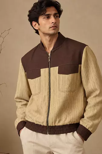 Chestnut brown and beige matka cotton bomber jacket