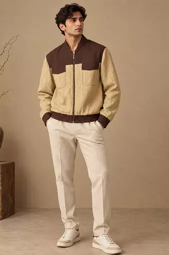 Chestnut brown and beige matka cotton bomber jacket
