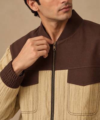 Chestnut brown and beige matka cotton bomber jacket 3