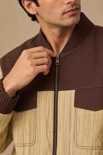 Chestnut brown and beige matka cotton bomber jacket