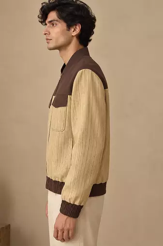 Chestnut brown and beige matka cotton bomber jacket