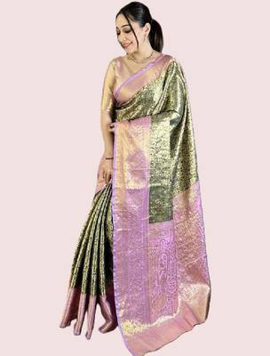 Floral zari silk blend heavy work kanjeevaram saree 1